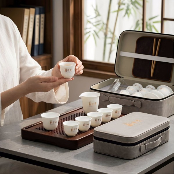 轻奢灰色皮质礼盒茶具套装家用办公简约泡茶茶具送礼佳品